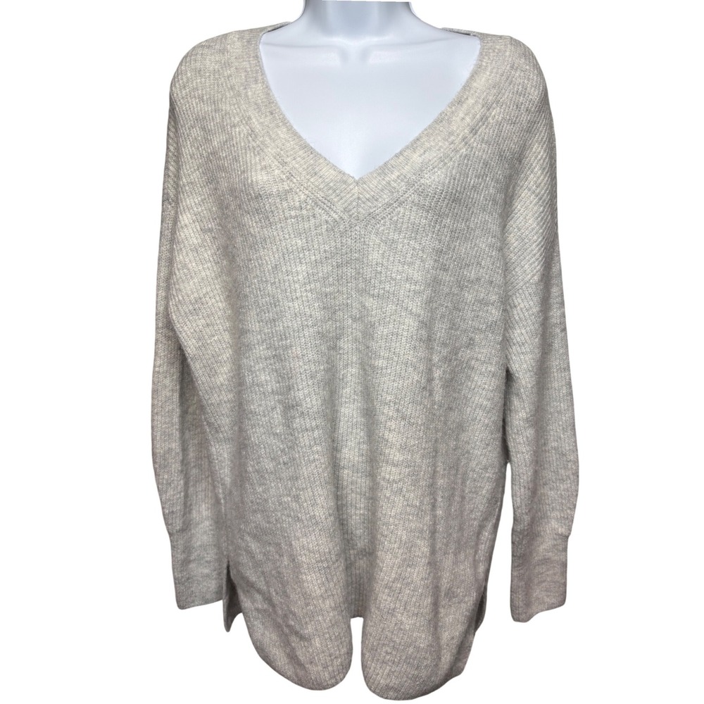 CECE Womens Oatmeal V-Neck Ribbed Relaxed Fit Pullover Sweater Sz S Lagenlook
